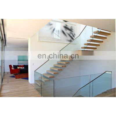 Straight Mild Steel Glass Modern Floating Staircase/Prefab Steel Glass Stair indoor