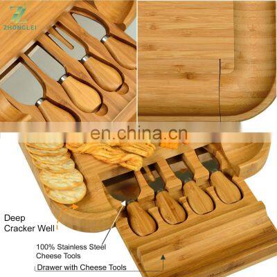 Bamboo Cutting Board for Cheese & Charcuterie With Knife Set & Cheese Markers Cheese Platter With Drawer