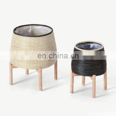 Supplier Plant stand Seagrass Planter with wooden legs Storage Basket Plant Holder Storage Basket Wholesale