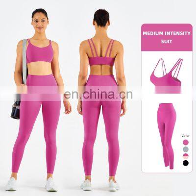 Thin Strap Design Sexy Woman Sport Bra Yoga Set High Waist Leggings With Inner Pocket Nude Fabric