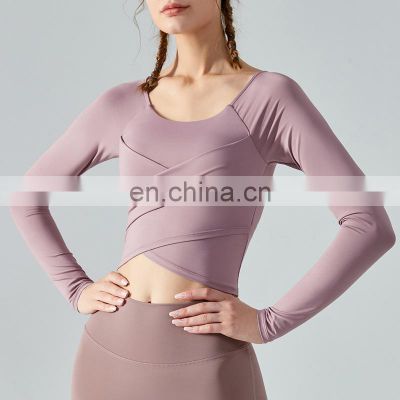 Hot Selling Cross Ruffles Long Sleeve Yoga Top Slim Fit Built In Bra Sports Gym Shirt Ladies Fitness Active Wear T Shirt