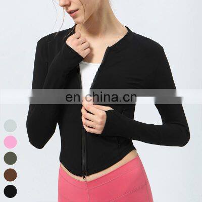 Custom Running Wear Slim Fit Yoga Jacket Double Head Zipper Sports Coat Long Sleeve Gym Fitness Tops Fleece Yoga Jacket Women photo-5