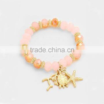 Metal Starfish and Turtle Charm Beaded Stretch Bracelet Sea Life Jewelry photo-3