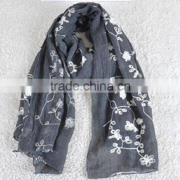 Winter Spring Fashion Long Cotton Flower Machine Embroidery Scarf