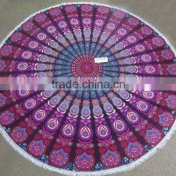 Round Beach Towel Cotton Printed Mandala Boho Throw Tassel Hippie Towels