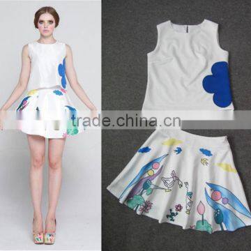 2014 Famous Brand Early Autumn Fashion Style Sleeveless Swan Printed Women 2 Pieces Dress Suits Wholesale I17063