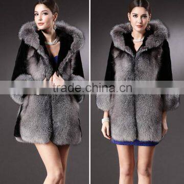 2016 New fashion hign quality faux fox fur with rabbit fur patchwork coat