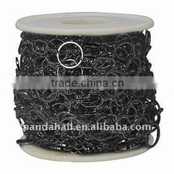 Handmade Brass Chains, Black Color, Ring: about 12mm in diameter; Link: 1.2x7.5x3mm; about 10m/roll(CHC-CHR123-CK62-B)