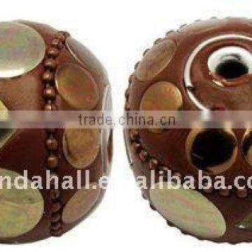 Handmade Indonesia Beads, with Brass Core, Round, Chocolate, about 27x25mm, hole: 3mm(IPDL-A010-3)