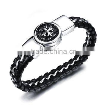 Stainless Steel Braided Buckle Black Cross Mens Leather Bracelet