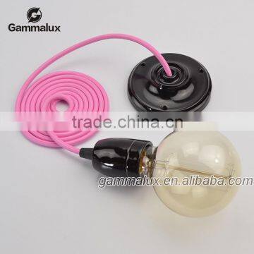 E27 Ceramic Ceiling Rose Light Holder, Light Pink Braided Electric Wire