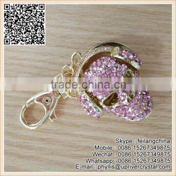 Promontion Cheap Pink Crystal Golden Metal Skull Wearing Headset Keychain