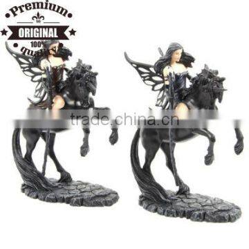 polyresin figurine dark fantasy fairy with crystal staff ridding black unicom