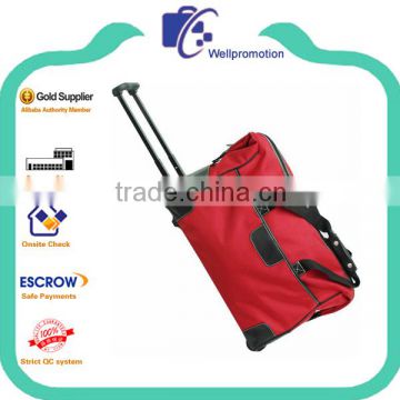 cheap red polyester trolly luggage with leather trim