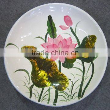 lotus symbol of the country's human and Vietnam lacquer dishes, round white meaningful plate for decor ,