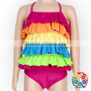 2017 Summer New Style 1 Piece Swimsuit Rainbow Color Ruffle Swimwear Kids Girl photo-2