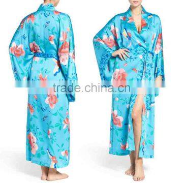 Dropshipping Pajamas Sleepwear Women Fashion Long Stain Silk Robes Floral Print Pajamas Wholesale Custom Made Sleepwear