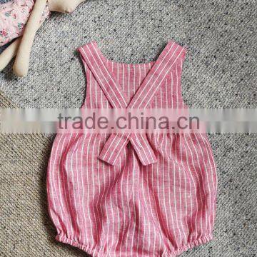 New Arrivals Linen Stripe Newborn Baby Clothing Summer Romper With Pockets photo-2
