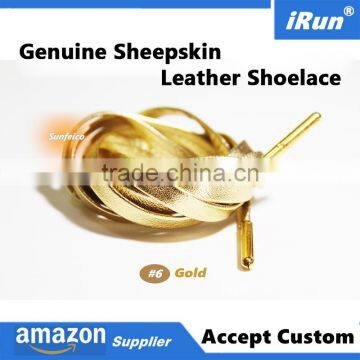 Premium Flat 18K Gold Muticolor Sheepskin Leather Sneaker Shoelaces Company Name Metal Aglets Tips Sheepskin Leather Shoelace