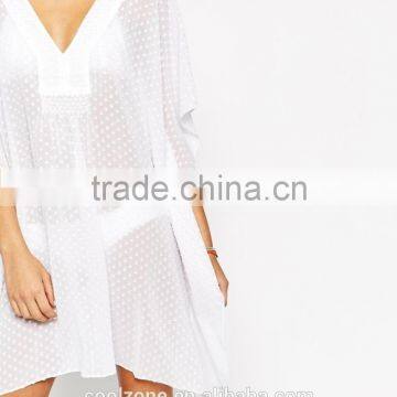Relaxed Fit V-neck Semi-sheer Kaftan Embroidered Dot Kaftan Dress photo-4