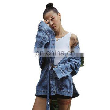 TWOTWINSTYLE Jacket Lapel Long Sleeve High Waist Hole Back Hollow Out Denim Coat Female Asymmetrical