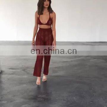 2020 Summer Fishnet Knitted Two Piece Set Women Sexy See Through Night Club Suits Bra Top Pants Casual Beach Outfits