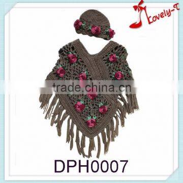 Wholesale hot sale lovely T fashion flower embroidery kids knitted poncho sweater with tassele and hats