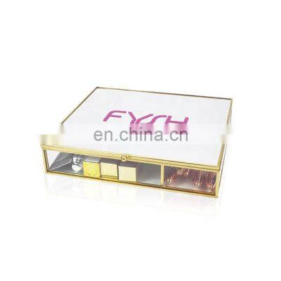 Display Cosmetic Sets Counter Organizer Glass Case Brass Frame Jewelry Box With Mirror photo-2