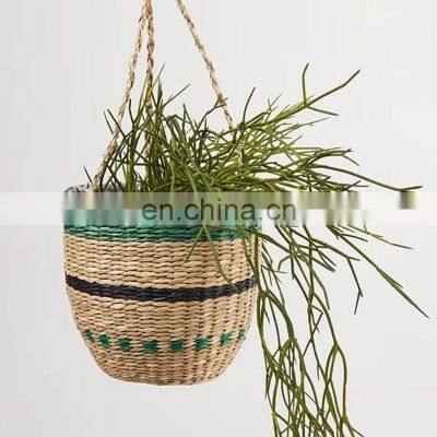 Best Seller Green Stripe Seagrass Hanging Planter With Lining Straw Planter Storage Basket Plant Holder Wholesale