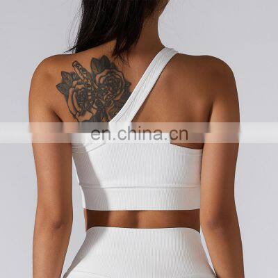 Ribbed One Shoulder Crop Sports Bras Women Factory Supply Backless Yoga Tank Tops