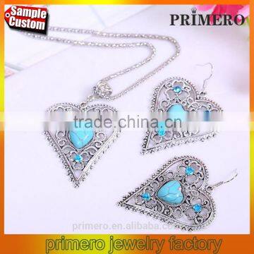 Hot sales Jewelry Crystal Tibetan Silver Turquoise Retro Heart Necklace And Earring Sets