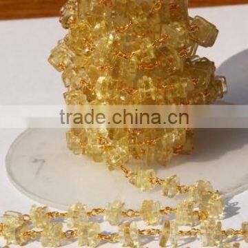 10 Feet Square Heishi Cut Lemon Quartz Rosary Style Beaded Chain, Gold Plated Wire Wrapped Chain, Handmade Beaded Chain
