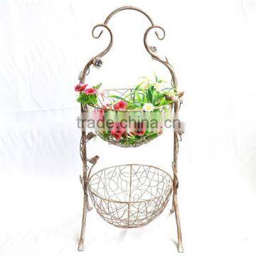 13A112NAB Recycled two-tier metal wire hanging plants and flowers rack for outdoor decoration