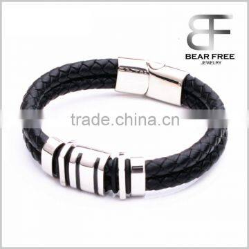 Black Silver Genuine Leather Biker Men's Bracelet Wristband, Magnetic Stainless Steel Clasp Length 8.5"