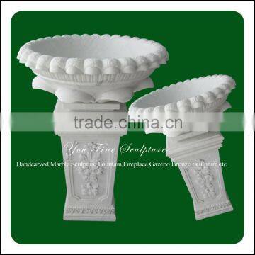 Outdoor Hand-carved Garden Decorative White Marble Flowerpot