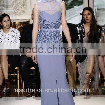 EVGH-1005 2015 New Style High Collar Chiffon Sheath Evening Gown with Embroidery Lilac Mature Ladies Evening Dresses