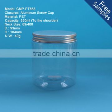 Round colorful 550ml plastic PET jars, 550g 14oz Clear PET plastic jar with aluminum cap