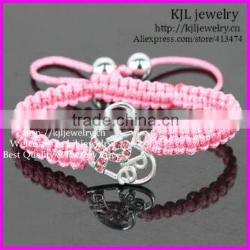 KJL-BD5239 Wholesale New Popular Handcrafted Braiding Bracelet Pink Rhinestone Ribbon Breast Cancer Awareness Macrame Bracelet