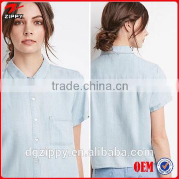 2015 China wholesale cheap short sleeve boxy chambray shirts for women