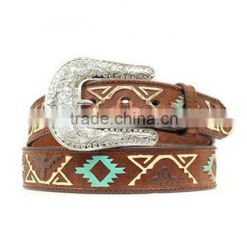 Western cowgirl brown leather belt thunderbolt embossed belts