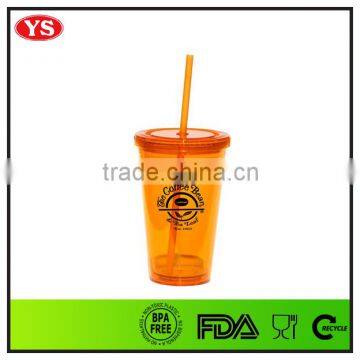 16 Ounce Double Wall Plastic Cold Tumbler With Straw