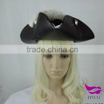 Leather Pirate of the Caribbean Hat Triangle Pirate Hat White Lace and Feathers photo-3