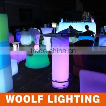 2014 Good Sales Shining Colourful LED Glowing Pillar Table for Party Events with Glass and Stainless Steel Leg