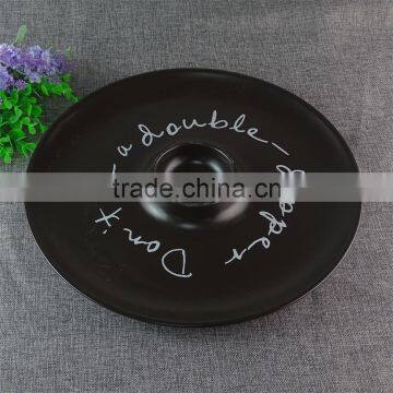 Round black-glazed ceramic chip and dip plate, ceramic chip & dip set divided fruit plate