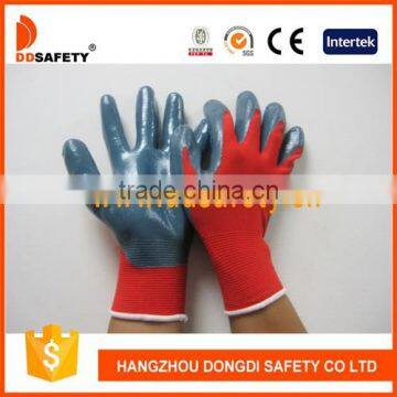 13G Red Nylon Polyester Knitted Grey Nitrile Palm Coated Safety Gloves