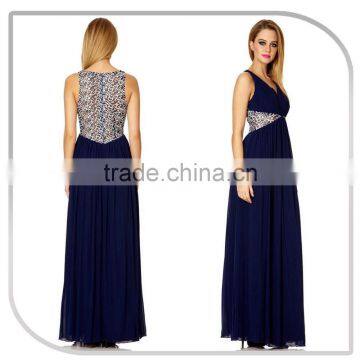 Navy Blue Lady Chiffon with Crochet Lace Evening Dress Wholesale