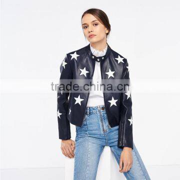 Fashion Contrasting Coloured Stars Cropped Leather Jackets for Women photo-4