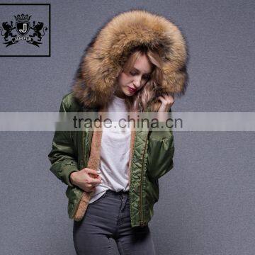 2017 Fashionable Short Coat Big Real Raccoon Fur Hooded Faux Fur Lined Bomber Jacket For Women