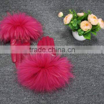 Hot Sell Ladies Winter Warm Genuine Leather Gloves With Raccoon Fur Cuff photo-3