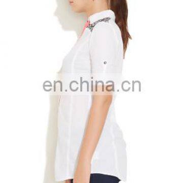 Adult Women's Fashion Lace Work at Shoulder Collar Neck Front Button Style High Quality Semi Sexy Sheer Sleeve Tops Lady Blouse photo-2